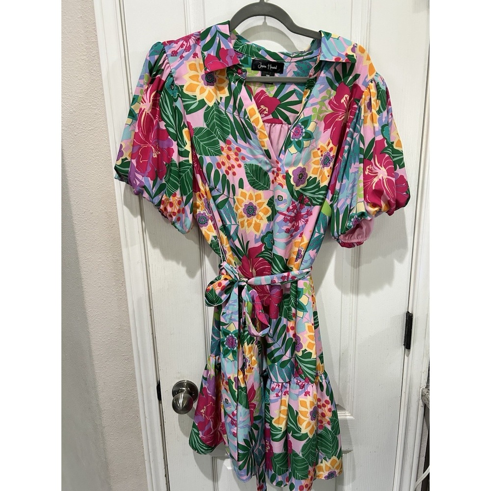 jessica howard Tropical Floral Short Balloon Sleeve V-Neck Collar Shirt Dress